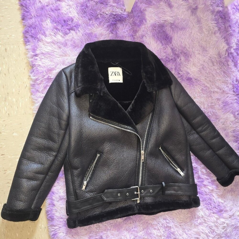 ZARA Black Faux Leather Double Faced Shearling Biker Jacket XL